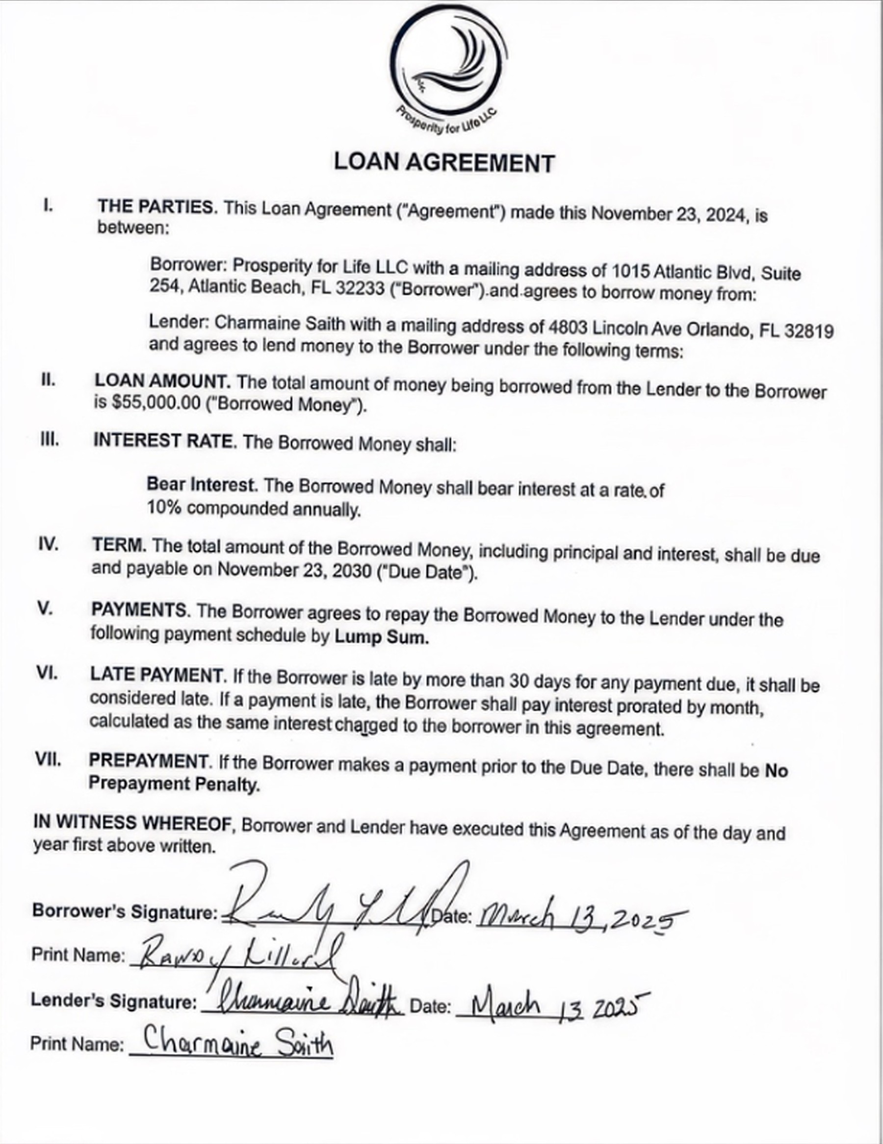 Typed second loan agreement dated Nov 23 2024