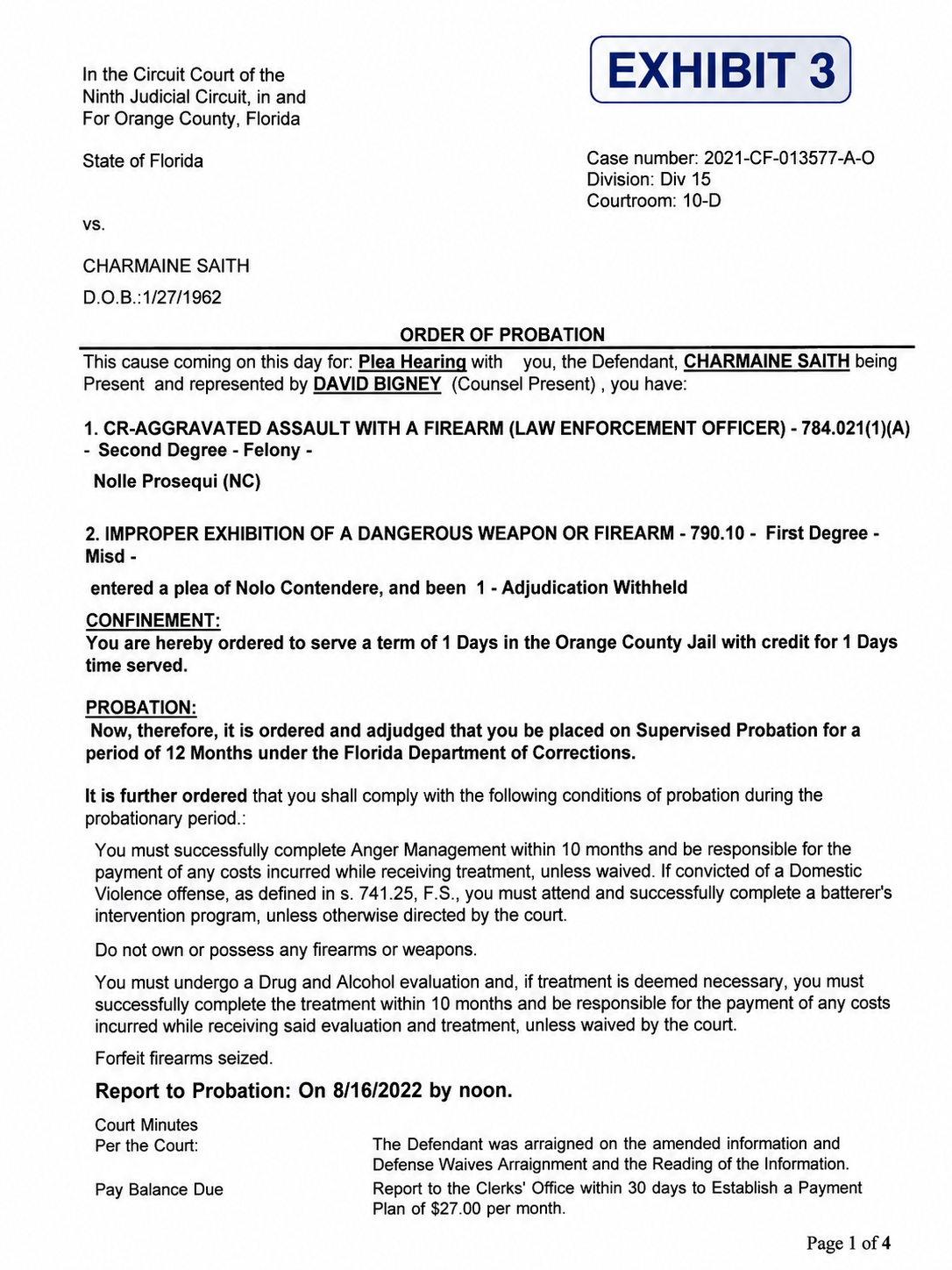 Exhibit 3 — typed Order of Probation entered August 15, 2022. Conditions: 12 months supervised probation; Anger Management within 10 months; no firearms or weapons; Drug and Alcohol evaluation within 10 months if treatment deemed necessary; forfeit seized firearms; $27 per month payment plan. No mental-health-evaluation term appears.